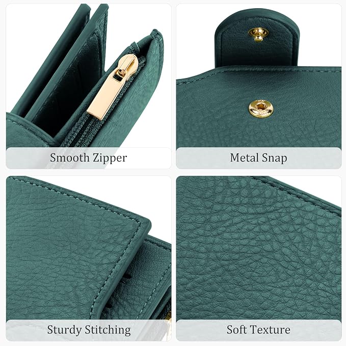 Airkit Small Women's Bifold Wallet, RFID Blocking Credit Card Holder with Zipper, Travel Cute Coin Pocket Wallet for Ladies, Teal