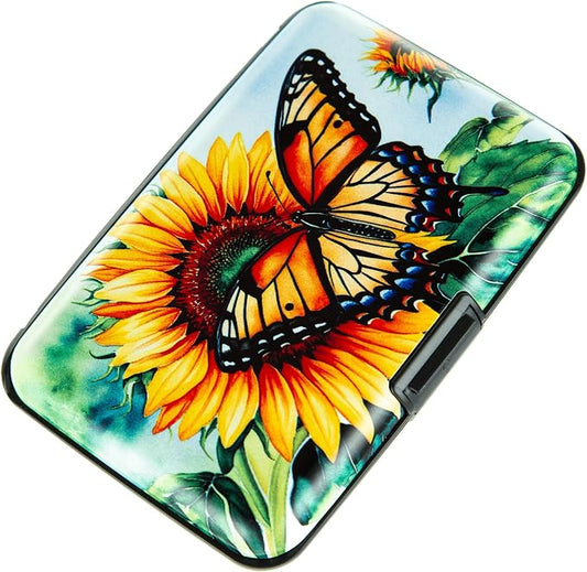 Credit Card Holder for Women Men RFID Blocking Wallet Small Business Metal Slim Mini Aluminum Hard Case (Sunflower Butterfly)