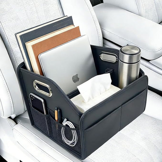 Car Storage Organizer for Seat and Floor - Car Organizer Front Seat with Metal Handle, 8 Compartments Passenger Seat Organizer, Anti-Slip Straps, Water-Resistant PU Leather (12.6 Inch Black)