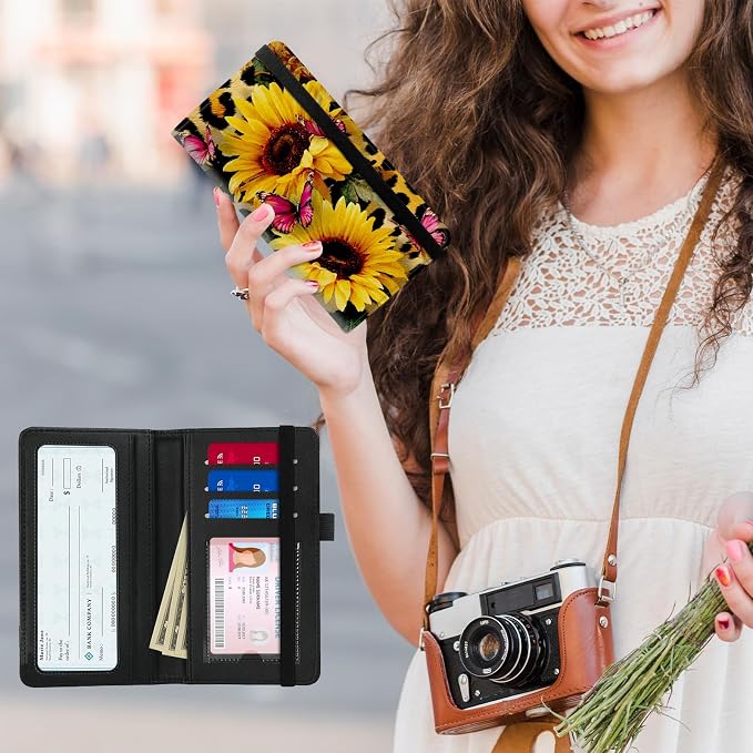 Premium PU Leather Checkbook Cover for Men & Women,RFID Blocking Slim Check Book Holder with Duplicate Check Divider & Pen Holder,Fits Standard Personal Checks,Sunflower Leopard Print