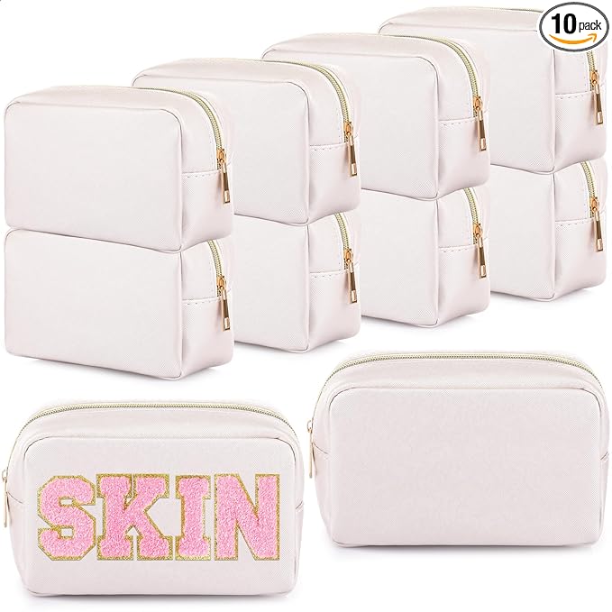 Sweetude 10 Pcs Makeup Bag Bulk for Women Preppy Gift PU Leather Cosmetic Bag Small Skincare Toiletry Pouch Mother Travel Cosmetic Pouch for Bridesmaid Bride Wedding Gift Favors (Ivory)