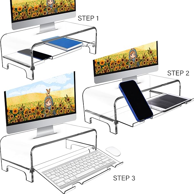 Mnixy AMT Premium Acrylic Clear Monitor Riser Laptop/PC/Multimedia Monitor Stand for Home Office (Large)