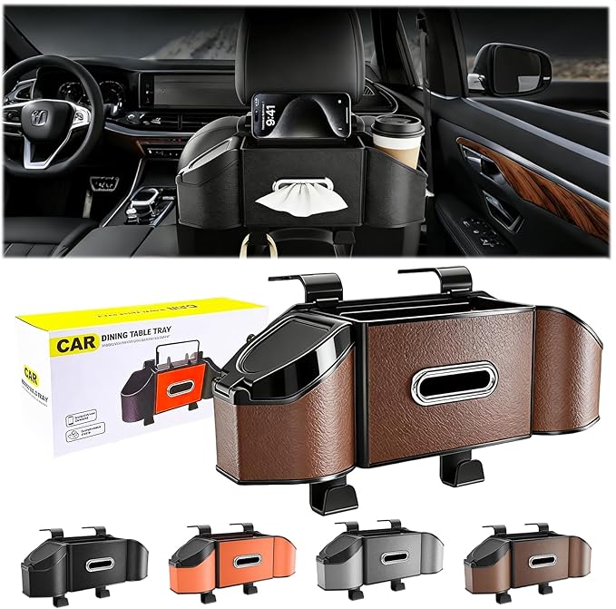 2026 Upgrade 4-in-1 Car Organizer Back Seat, Leather Multifunctional Car Organizer and Storage Box with Cup Holders for Hold Phone, Snacks, Drinks, Handbag, Keep Your Ride Clean & Organized (Brown)