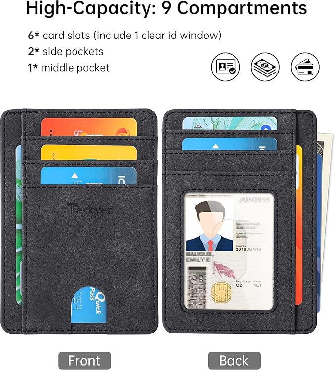 Teskyer Slim Wallet for Men, Minimalist Front Pocket RFID Blocking Leather Wallet Credit Card Holder for Men & Women