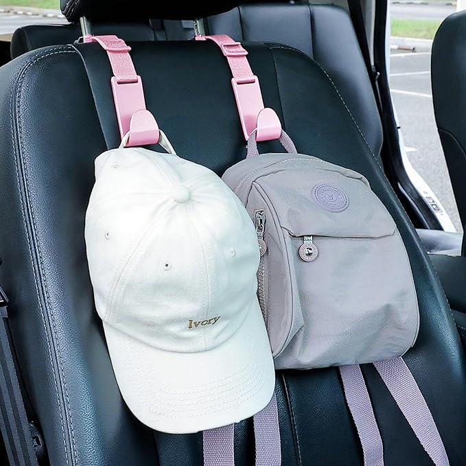 Amooca Car Headrest Hooks 4 Pack Adjustable Universal Fit Auto Seat Back Organizer Storage Hanger Purse Bags Holder with Clip Pink
