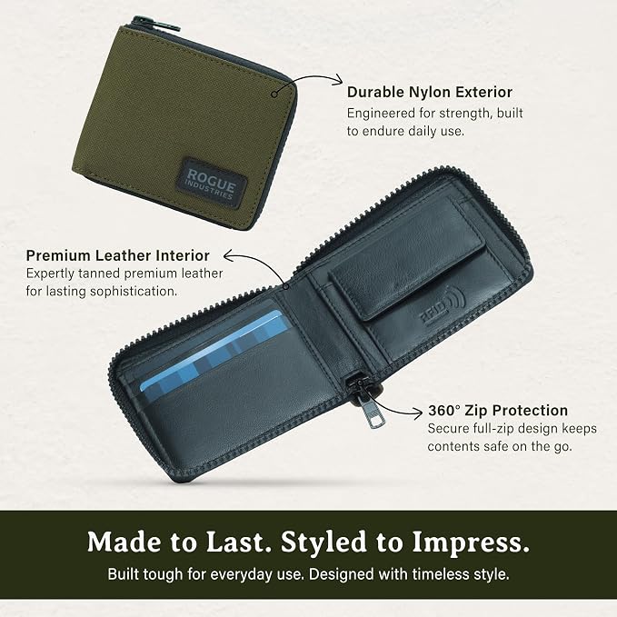 ROGUE WALLET Interior Genuine Leather Wallets for Men - RFID Blocking Robust Outer Nylon Wallets - Full Cash Slot and Expandable Coin Pouch - Gift for Men (Khaki)