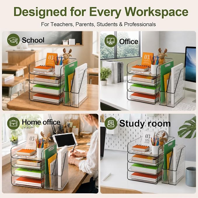 FANXIYQ 4-Tier Acrylic Paper Tray Organizer with Bookends, Clear Stackable Letter Tray Organizer for Desk, Acrylic File Organizer & Office Paper Organizer, Desk Accessories for Home Office