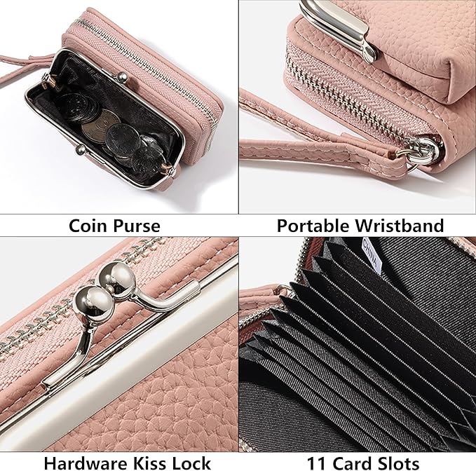 Women's Pebble Leather Wristlet Wallet, 2-in-1 Zip-Around Credit Card Holder with Kiss Lock Coin Purse, Cute Change Purse with Secure Clasp & Card Slots (Dusty Pink, Small)