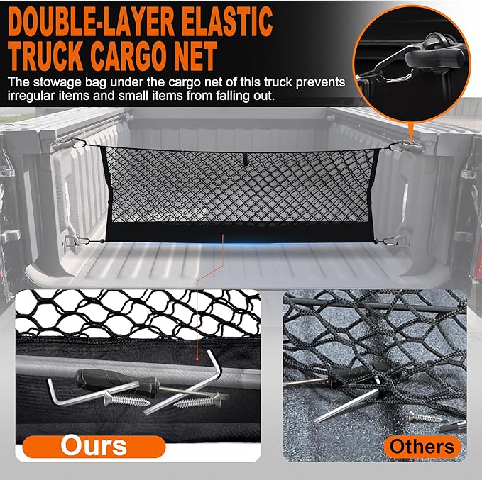 Truck Bed Cargo Net for Dodge Ram 1500 2019-2024 2025, Envelope Style Pickup Cargo Net with Storage Bag, Heavy Duty Elastic Mesh Organizer with Carabiners, Secures Groceries & Gear