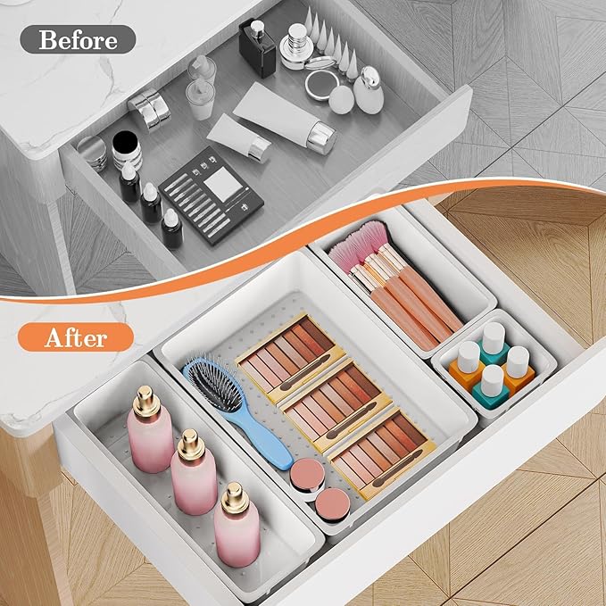SpaceHacks 25 PCS Plastic Drawer Organizer Set, 4-Size Versatile Organizer Trays & Storage Bins for Makeup, Jewelry, and Gadgets in Bathroom, Bedroom and Office, White
