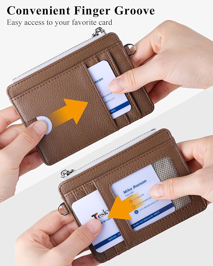 Teskyer Slim Card Holder Wallet with Zip Pocket, RFID Blocking, Total 9 Compartments Large Capacity, 3.5" x 4.7" (Slight Larger Than Usual), Faux Leather - Coffee