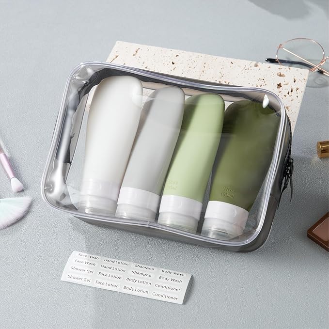 INSFIT Travel Bottles for Toiletries, TSA Approved 3oz Travel Size Containers, BPA Free Leak Proof Squeezable Silicone Tubes for Shampoo Conditioner Lotion Body Wash with Labels