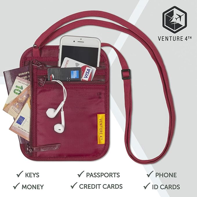 VENTURE 4TH RFID Blocking Travel Neck Wallet - Security Neck Pouch Passport Holder with Nylon Lining (Red)