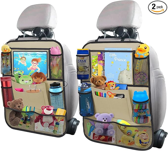 ULEEKA Car Backseat Organizer with 11" Table Holder, 10 Storage Pockets Seat Back Protectors Kick Mats for Kids Toddlers, Travel Accessories, 2 Pack, Beige