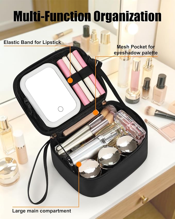 Relavel Small Makeup Bag with Led Mirror, Travel Cosmetic Case with 3 Light Modes and Adjustable Brightness, Foldable Makeup Pouch with Toiletries for Daily Use丨Work Touch-Ups丨Camping - Black