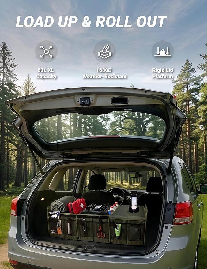Heavy Duty Trunk Organizer with Lid for Car SUV-1680D Water-Resistant Fabric &3.5mm PP Skeleton,Collapsible Cargo Storage Box with No Sliding Metal Hooks,Fits Tesla,Truck,Sedan (XL Green