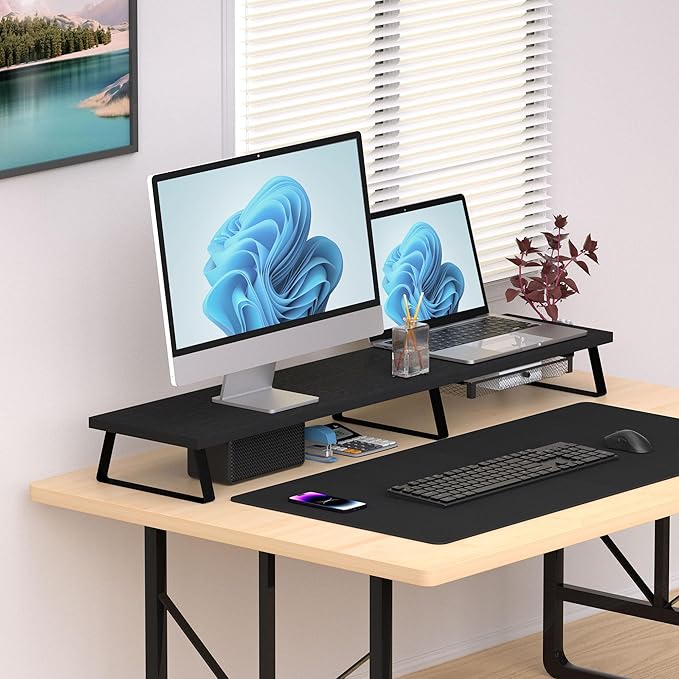 Wood Dual Monitor Stand Riser - Monitor Stand for 2 Monitors, Large Computer Stand For Desk with Metal Legs, Desk Organizers and Storage With Drawer, Desk Shelf for Computer/Laptop/Printer/TV, Black