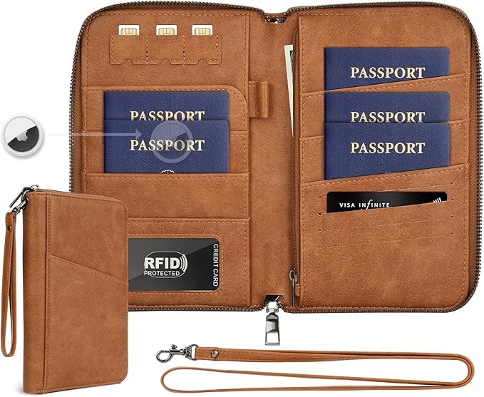Family Passport Holder Wallet RFID Travel Document Organizer for Women Men, Portable Case Cover for Cards, Boarding Pass with Wrist/Neck Strap, Airtag Pocket, Travel Essentials Gifts -Light Brown, 1pc
