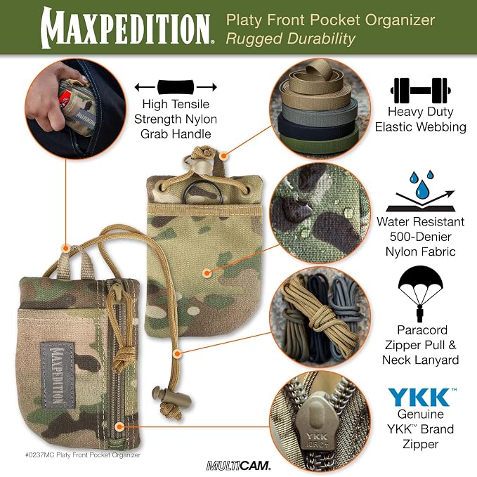 MAXPEDITION Platy Pocket Organizer, Durable EDC Tool Pouch for Men, Neck Wallet with Paracord Lanyard, Holds Flashlight, Multitool, Pen, Notebook