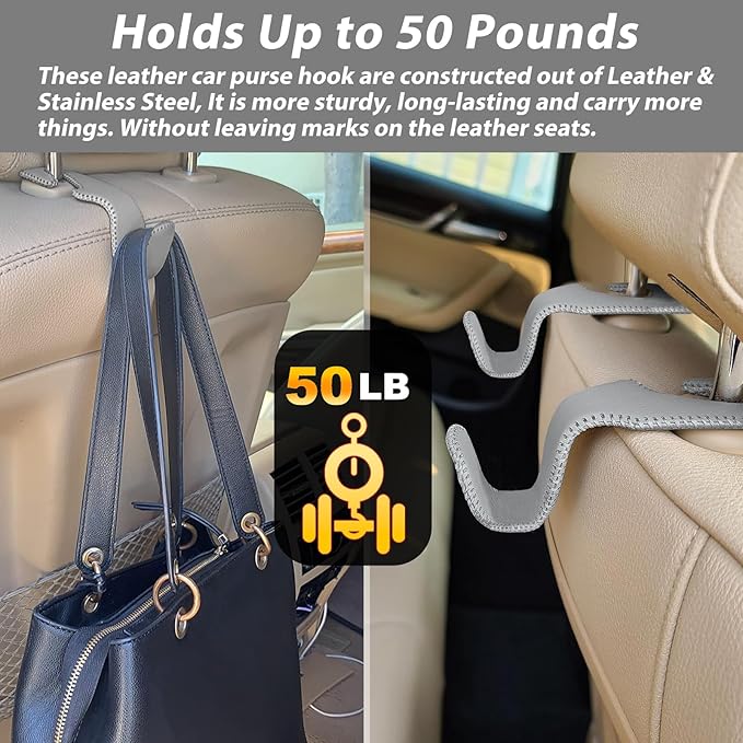 Car Purse Hook, Headrest Hooks for Car Bag Hooks Seat Hooks Holder Car Accessories Interior, 2 Pack Grey