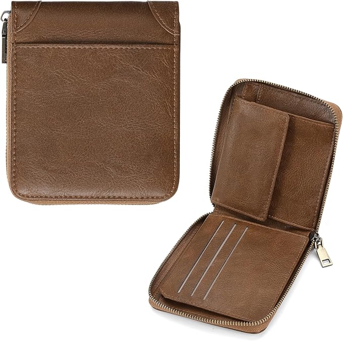 GAEKEAO Zipper Wallet for Men Vegan Leather RFID Blocking Large Capacity Bifold Wallets with ID Window Change Pocket