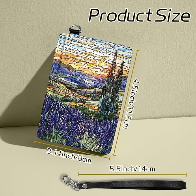 Small Travel Wallets, Stained Glass Lavender Slim Minimalist Front Pocket Wallet with Wristlet, RFID Blocking PU Leather Credit Card Holder with ID Window Change Purse for Men Women