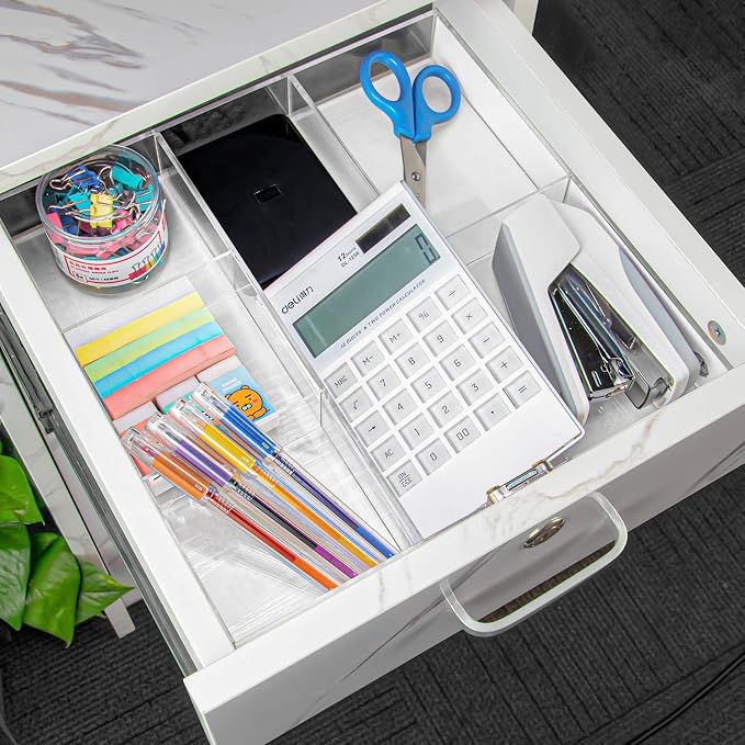YestBuy Acrylic Drawer Organizer, Gadget Tray Organizer, Clear Desk Drawer Holder With Adjustable Dividers, for Office Desk Supplies and Accessories or makeup storage (12 x 12”)