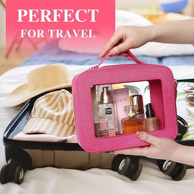 Pinkmik Clear Makeup Bag Waterproof Travel Case for Cosmetics and Toiletries Women's Makeup Organizer and Car Bag with Zipper (X/Fuxia, L)