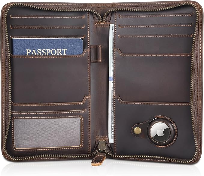 Polare Full Grain Leather Passport Holder Cover Case for Men RFID Blocking Travel Wallet Holds 4 Passports (Dark Brown with AirTag Slot)