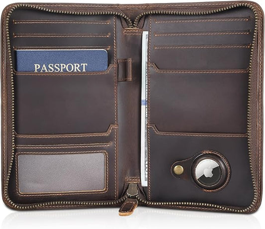 Polare Full Grain Leather Passport Holder Cover Case for Men RFID Blocking Travel Wallet Holds 4 Passports (Dark Brown with AirTag Slot)