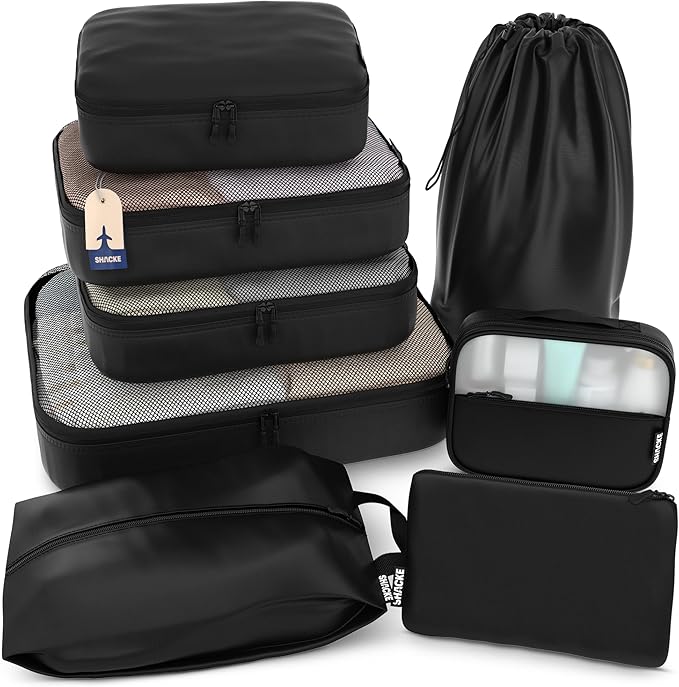 Shacke Packing Cubes for Travel 8 Set - Premium Luggage Organizer Bags - Versatile Travel Organizer for Women and Men - Optimized Packing Bags - Travel Essentials (Air Black)