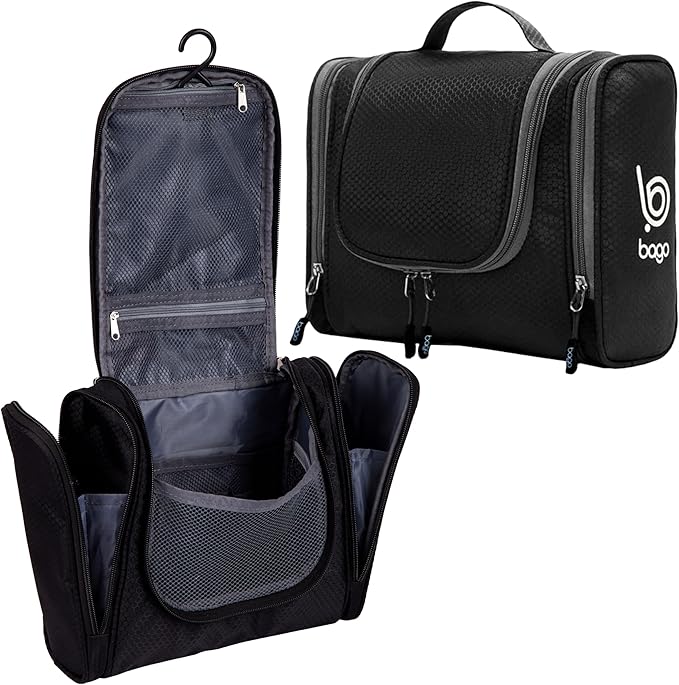Bago Travel Toiletry Bag for Women and Men - Large Waterproof Hanging Large Toiletry Bag for Bathroom and Travel Bag for Toiletries Organizer -Travel Makeup Bag (Black)