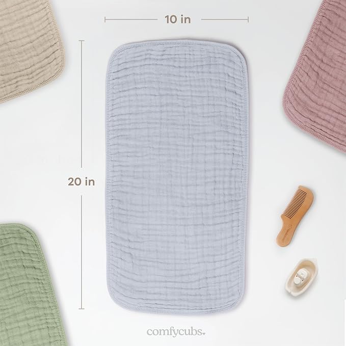 Comfy Cubs Muslin Burp Cloths 20" x 10", Pack of 10 - Large, 6-Layer, Ultra Absorbent 100% Cotton for Baby Drool and Messes - Soft, Safe & Gentle Baby Burp Cloths for Boys & Girls - Heather Blue