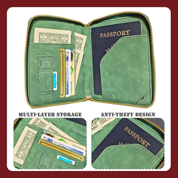 Passport Holder with Tether and Carabiner Clip to Prevent Loss and Theft, Rfid Passport Holder for Travel, Passport Cover, Wallet & Case for Men and Women (Green - Tether and Carabiner)