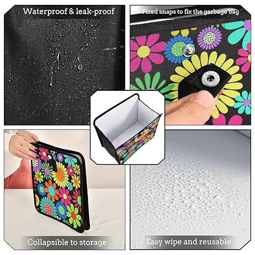 Hippie Flower Car Trash Can Foldable Hanging Car Trash Bag Bin Floral Daisy Colorful Auto Garbage Can Leak-Proof Car Organizer(Large)
