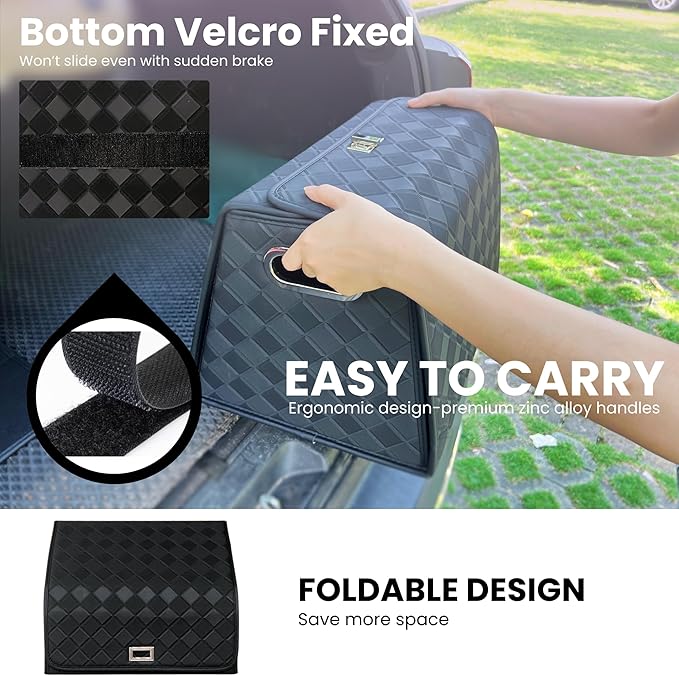 Foldable Car Trunk Organizer – Waterproof 2-Section Expandable Storage with Quick-Fold Tech, Fits SUV/Sedan for Groceries/Travel (Black, Large)