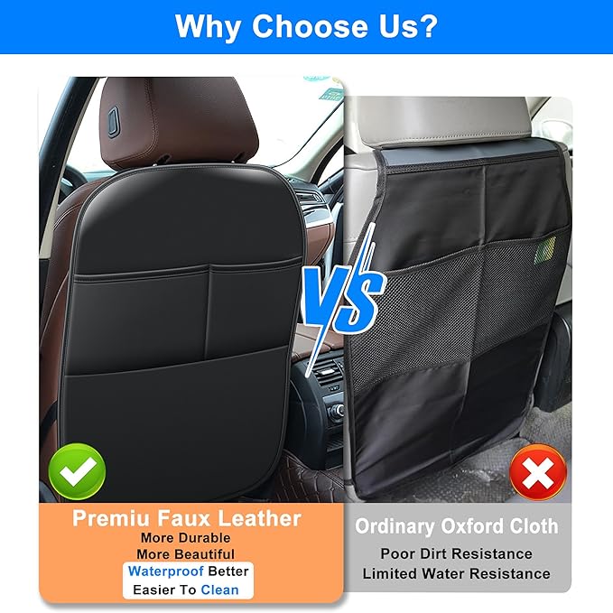 Car Kick Mats Back Seat Protector for Toyota Camry with 2 Pocket Storage Organizer - Faux Leather Back Seat Covers for Kids Feet Waterproof Dirt Automotive Accessories (1 Pair,Black)