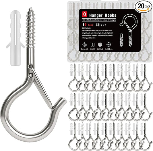 Black Screw Hooks with Safety Lock 2.3" Rustproof Metal Ceiling Hooks for Hanging Plants, Baskets,String Lights & Outdoor Decor, 40LB Capacity (30, Silver)