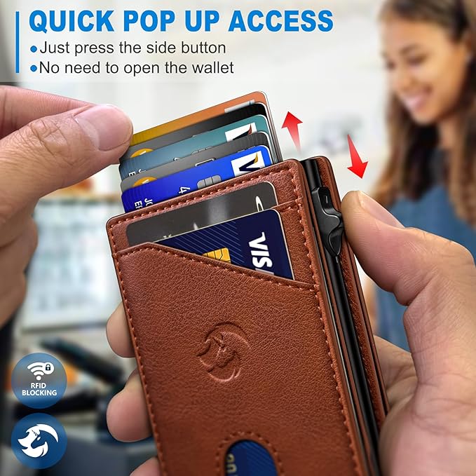 Wallet for Men, Slim Pop Up Card Holder with RFID Blocking, Minimalist Bifold Wallet with 9 Card Slots, ID Window and Cash Pocket, Metal Flip Case with Magnetic Closure, Gift Box