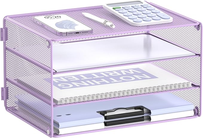 DALTACK 3 Tier Letter Tray Paper Organizer for Desk, Mesh Metal Desk File Organizer with Sliding Trays for Letter/A4 Paper, Mail, Bills & Folders, Light Purple