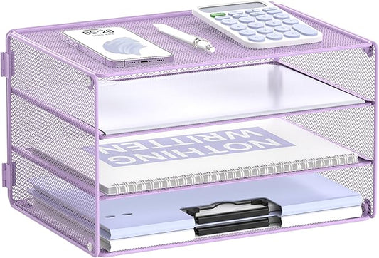 DALTACK 3 Tier Letter Tray Paper Organizer for Desk, Mesh Metal Desk File Organizer with Sliding Trays for Letter/A4 Paper, Mail, Bills & Folders, Light Purple