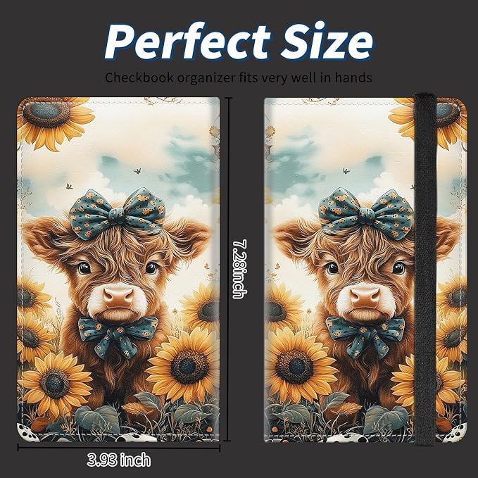 Check Book Cover for Personal Checkbook with Duplicate Checks for Women's & Men PU Leather Wallets Check Book Holder with Pen Card Slots Elastic Strap,Highland Cow Sunflowers