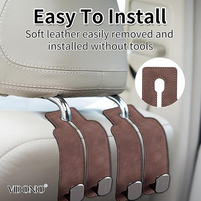 vidonio 2 Pack Double Car Seat Hooks for Headrest, Rotatable Purse Holder for Car, Premium Leather Car Hooks for Purses and Bags, Headrest Hooks and Storage Accessories (Brown)