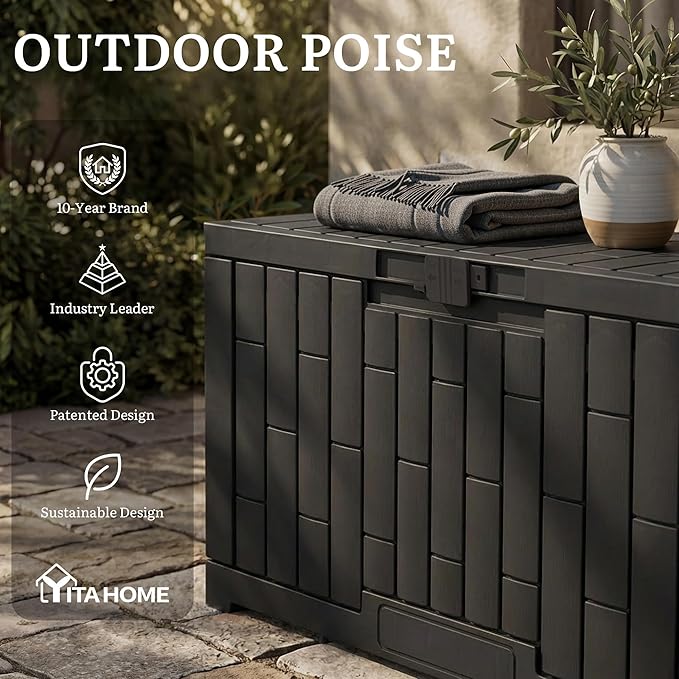 YITAHOME 60 Gallon Resin Deck Box, Weather Resistant Outdoor Rattan Storage Box with Slide-Locking Lid, Lockable Indoor Outdoor Storage for Supplies and Essentials, Black