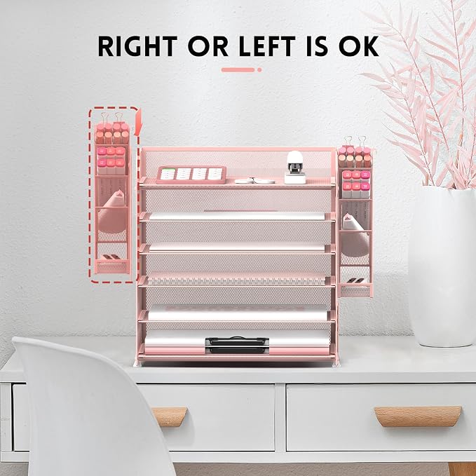 SUPEASY 6 Tier Desk Organizer with 4 Pen Holders, Mesh Paper Organizer Letter Tray with Handle, Desk Organizer Tray File Organizer for A4 File Folder, Rose Pink