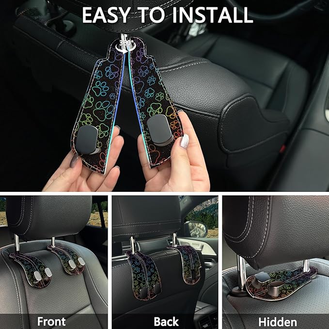 Blusabaca 2PCS Car Seat Back Storage Headrest Hooks, Dog Paw Purse Holder Bags Hanger, PU Leather Double Metal Hook for Backseat Organizer, Women Car Accessories Organization