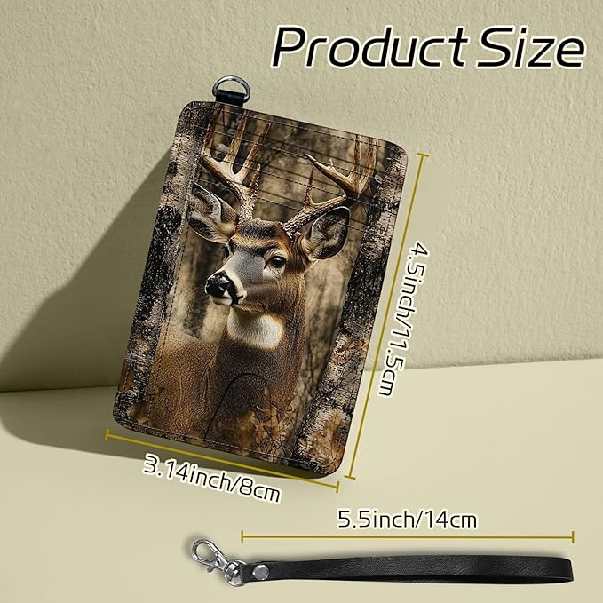 Small Travel Wallets, Camo Deer Tree Slim Minimalist Front Pocket Wallet with Wristlet, RFID Blocking PU Leather Credit Card Holder with ID Window Change Purse for Men Women