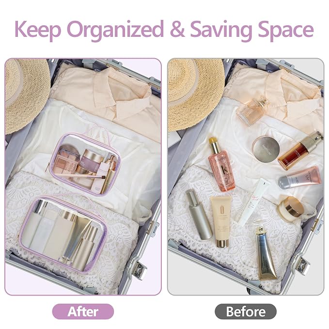 PACKISM Clear Makeup Bag Combo Pack, 1 TSA Approved Medium & Large for Checked Luggage, Clear Toiletry Bag with Handle, Water-resistant Travel Essentials Organizer, Purple