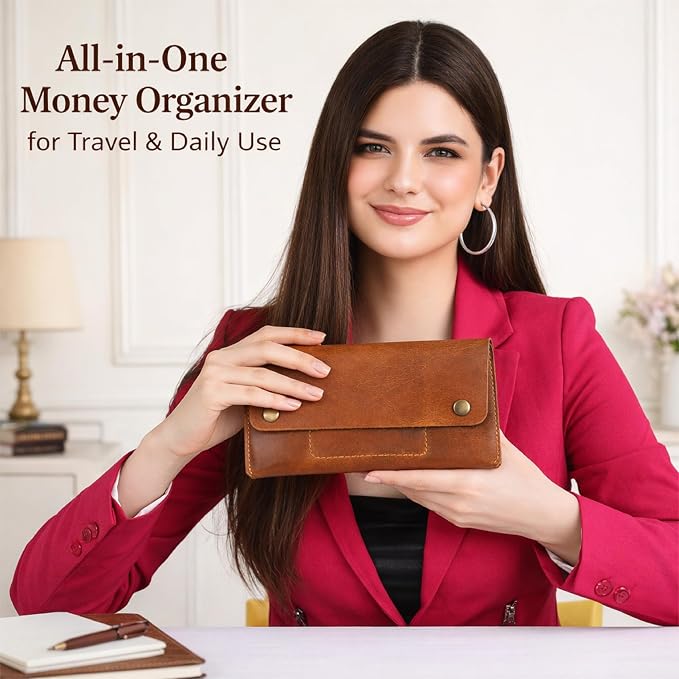 Leather Currency Pouch, Currency Organiser, Dollar Bills Holder, Bills Organizer, Money Envelope with Mobile Pocket, Money Bag For Men & Women (TAN)
