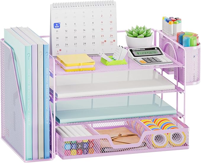 Marbrasse Desk Organizer and Accessories，4-Tier Paper Letter Tray Organizer with File Holder, Workspace Desk Organizers Accessories with Drawer and 2 Pen Holder (Purple, 15.4" x 9.1" x 8.3")